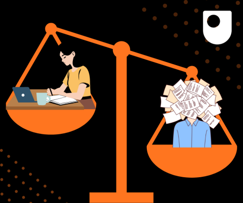 scales of justice with a women at a laptop on one side and a person with lots of paperwork on their head on the other side 