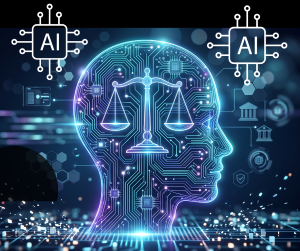 image of a head with law scales inside and AI symbols  