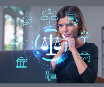 person looking at a laptop with legal symbols surrounding her 