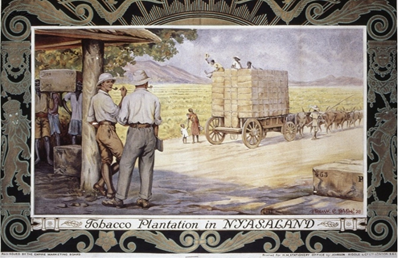 Image of a tobacco plantation with two men with pipes standing and talking