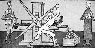 Black-and-white illustration showing a person operating a guillotine-like machine while uniformed figures observe and coins spill into a box nearby.