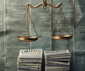 image of scales of justice and newspapers