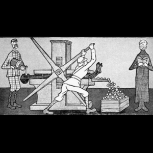 Black-and-white illustration showing a person operating a guillotine-like machine while uniformed figures observe and coins spill into a box nearby.