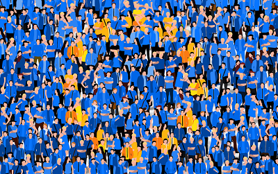 Cartoon people with blue or yellow tshirts making EU flag