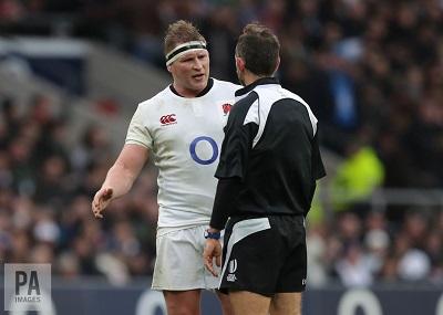 Confused: Dylan Hartley discusses the rules of rucking with referee Romain Poite. Andrew Matthews/PA Wire